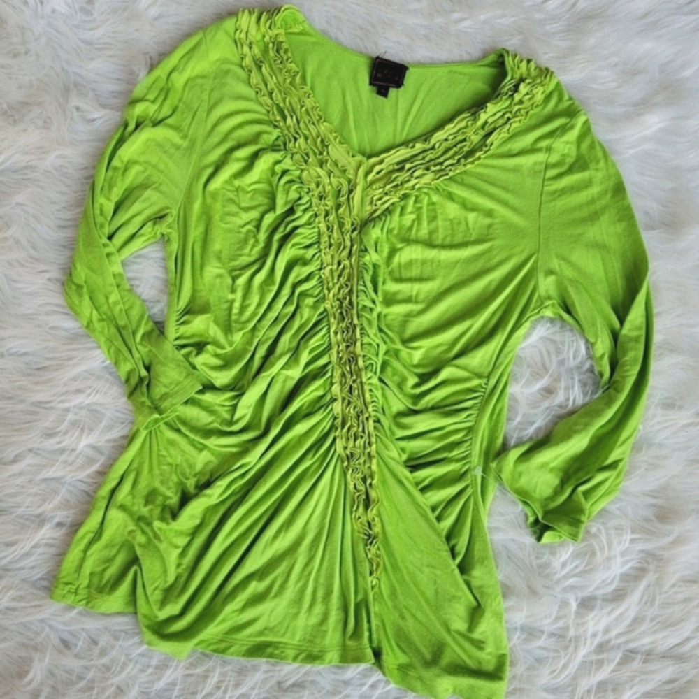Green Ruched Ruffle Tunic Blouse Colour Works XL - Picture 4 of 6